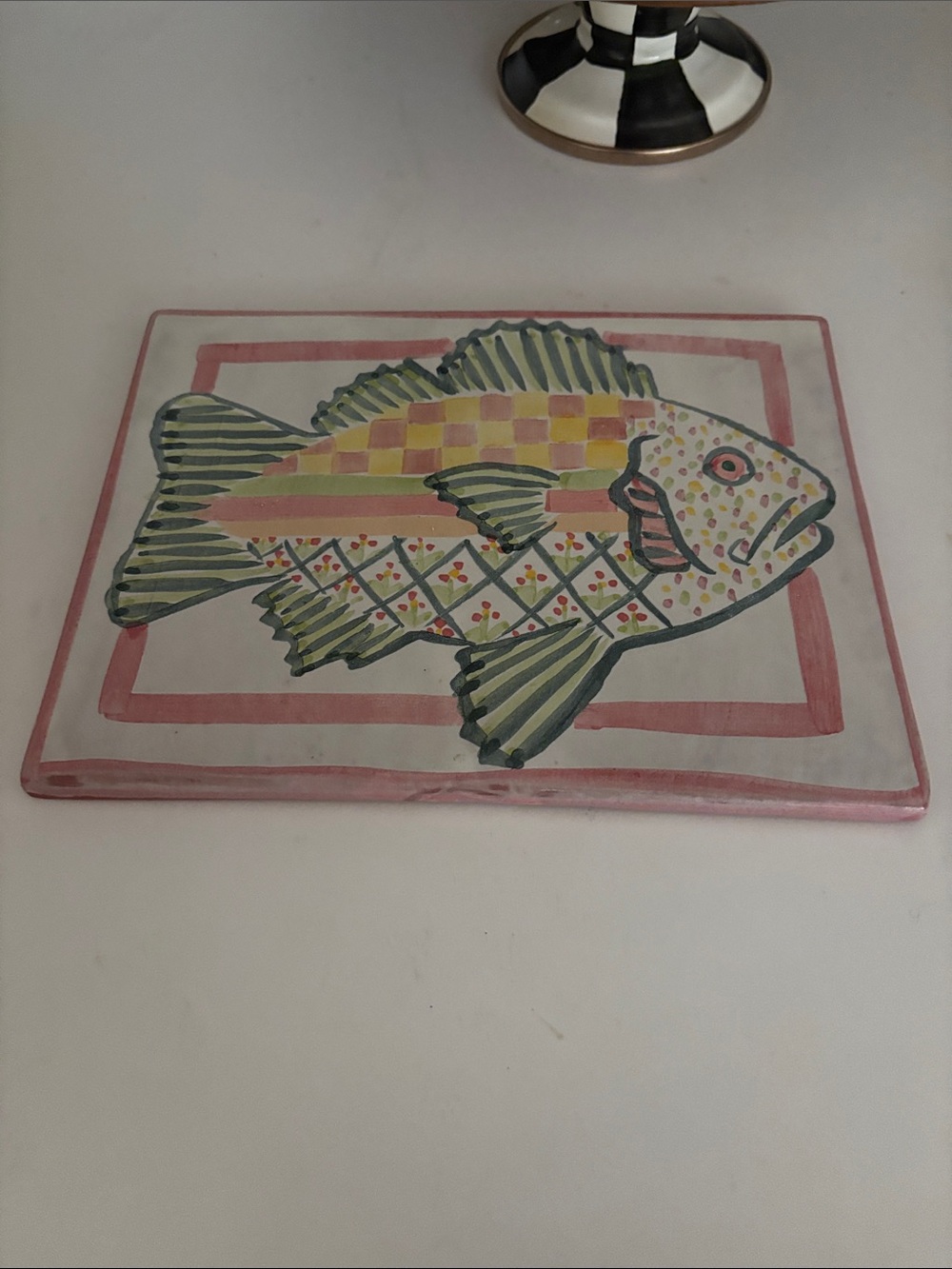 Mackenzie-Child’s Hand-Painted Ceramic Fish trivet  - Pink and Green